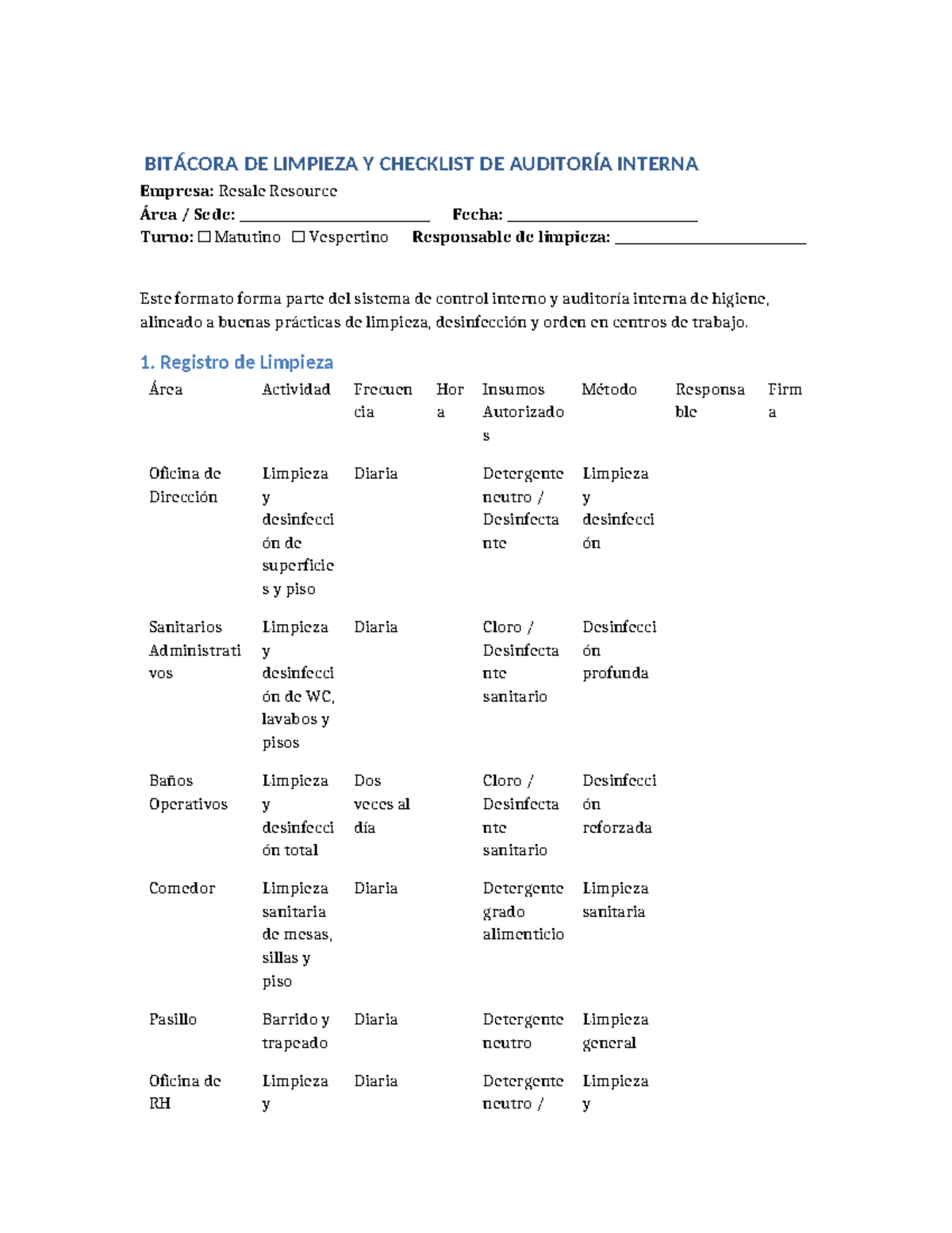 BITÁCORA DE LIMPIEZA Y CHECKLIST AUDITORÍA INTERNA - Resale Resource ...