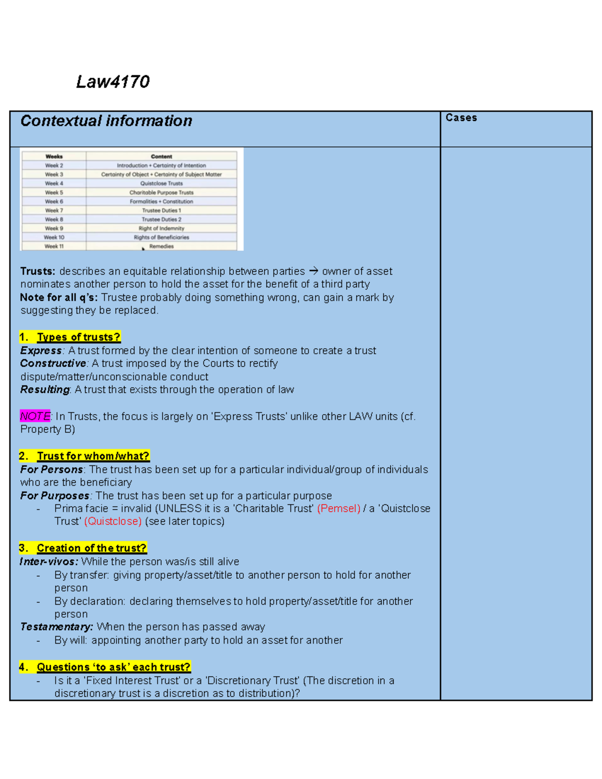 Law4170 Trusts: Key Concepts and Legal Principles Explained - Studocu