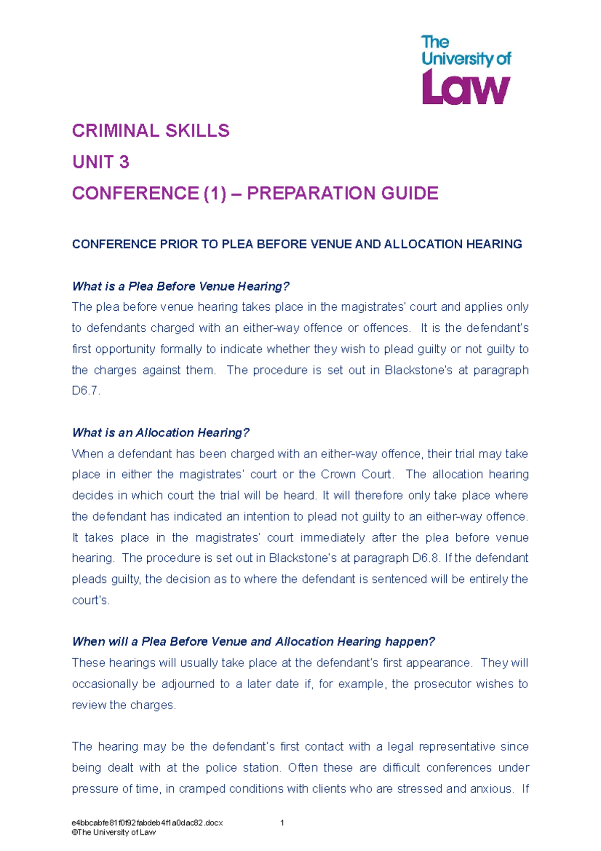 Plea Before Venue & Allocation Hearing Preparation Guide - CRIMINAL ...