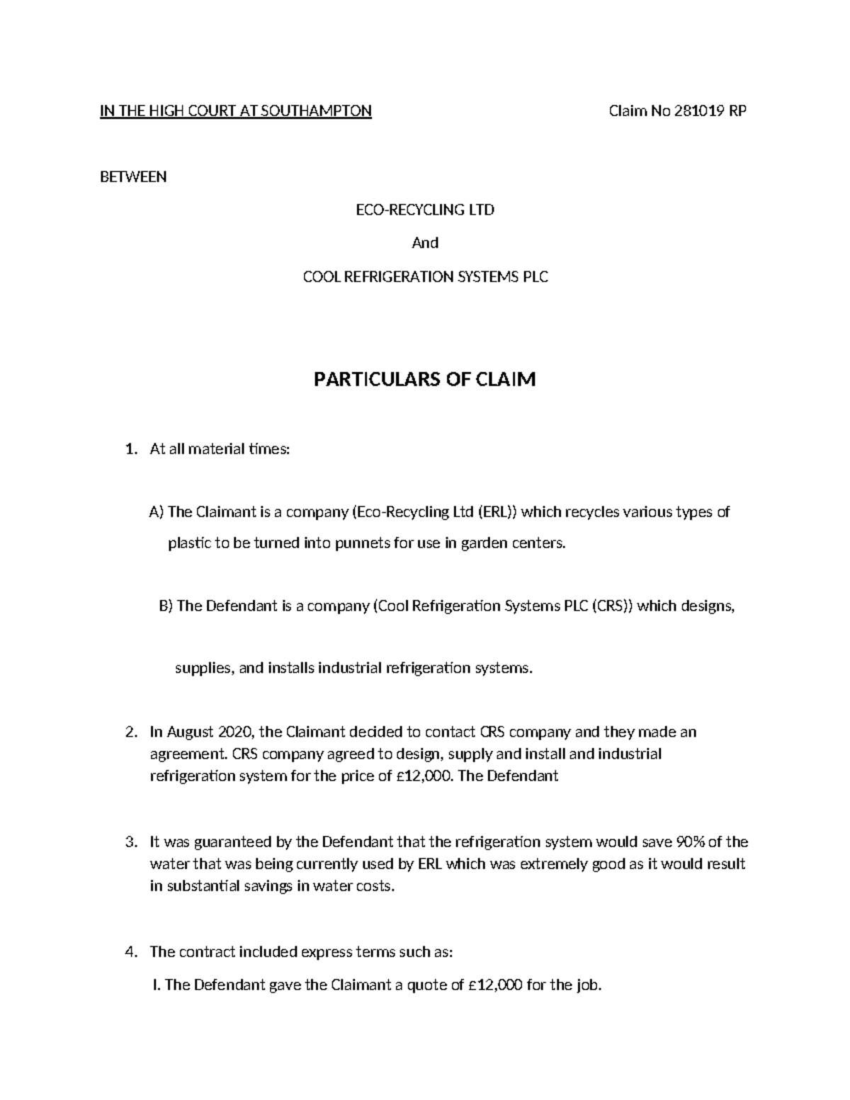 Contract Law Assignment 1: Breach of Contract Case Analysis (Claim No ...