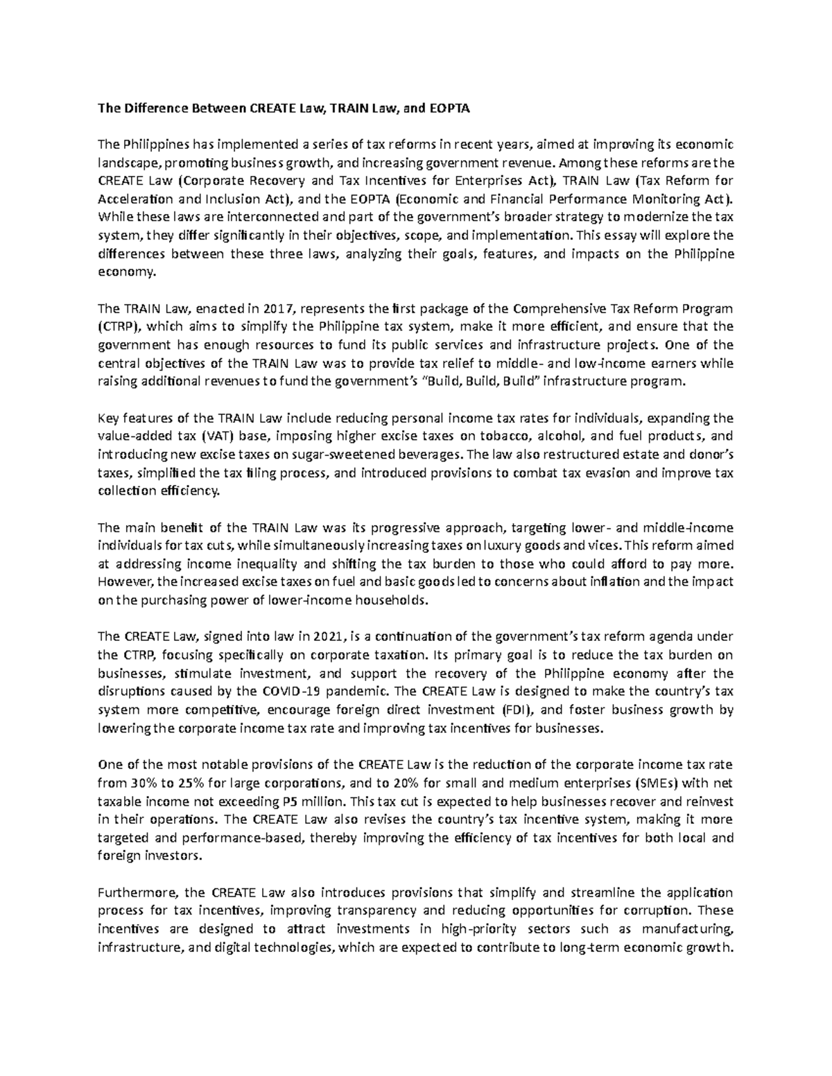 Differences Between CREATE Law, TRAIN Law, and EOPTA Explained - Studocu