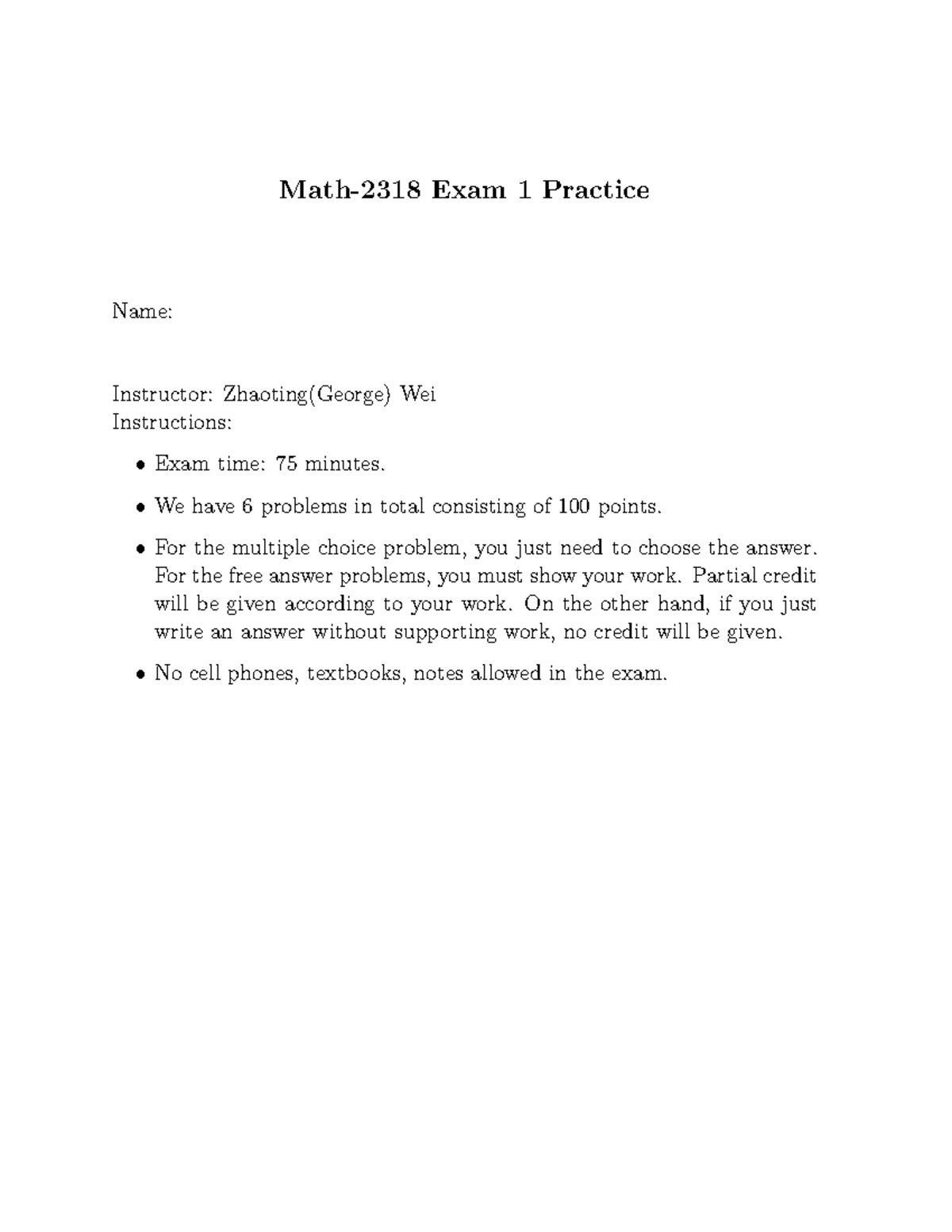 Math-2318 Exam 1 Practice - Studocu