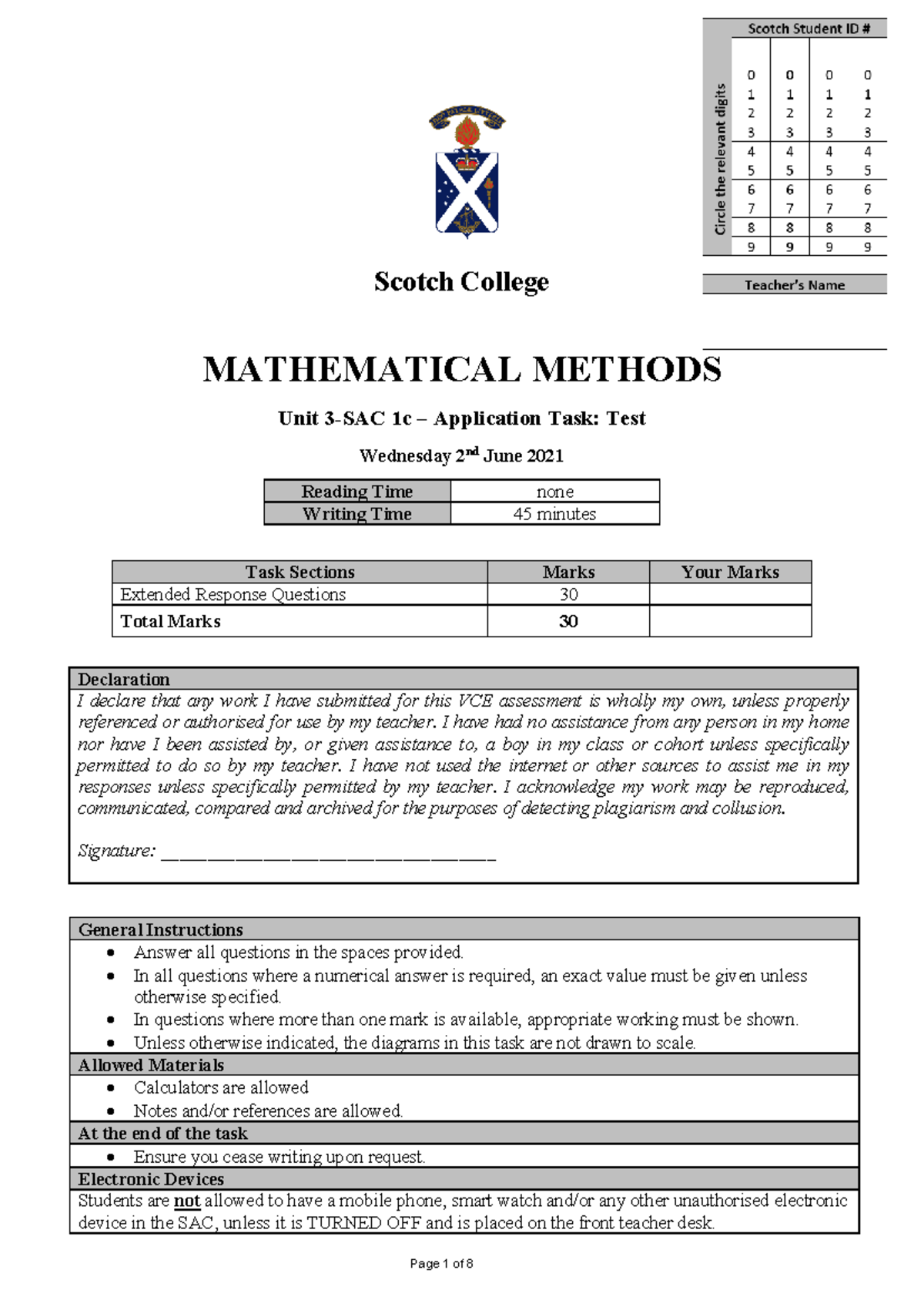 2021 Scotch College Mathematical Methods U3 SAC 1c Application Task ...