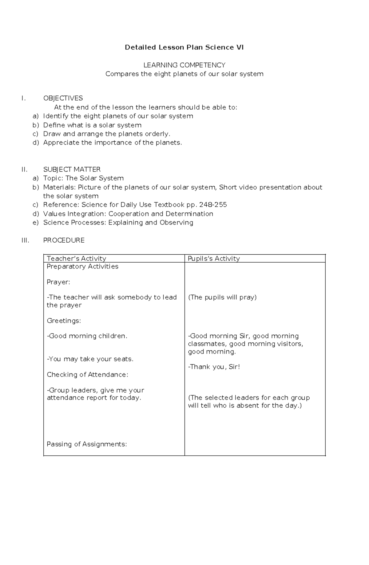 Detailed lesson plan in solar system - Detailed Lesson Plan Science VI ...