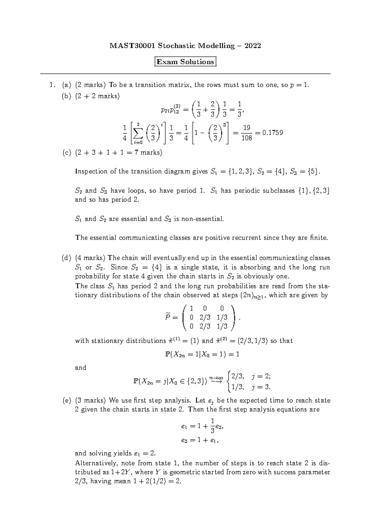 MAST30001 Stochastic Modelling 2022 Exam Solutions and Analysis - Studocu