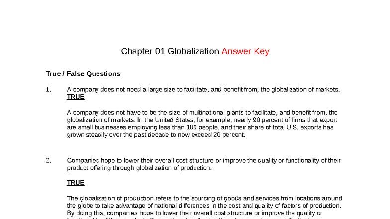 IB Testbank Chapter 01: Globalization True/False Questions - Studocu