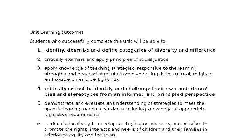 Unit Learning Outcomes for Diversity and Social Justice (EDU123) - Studocu