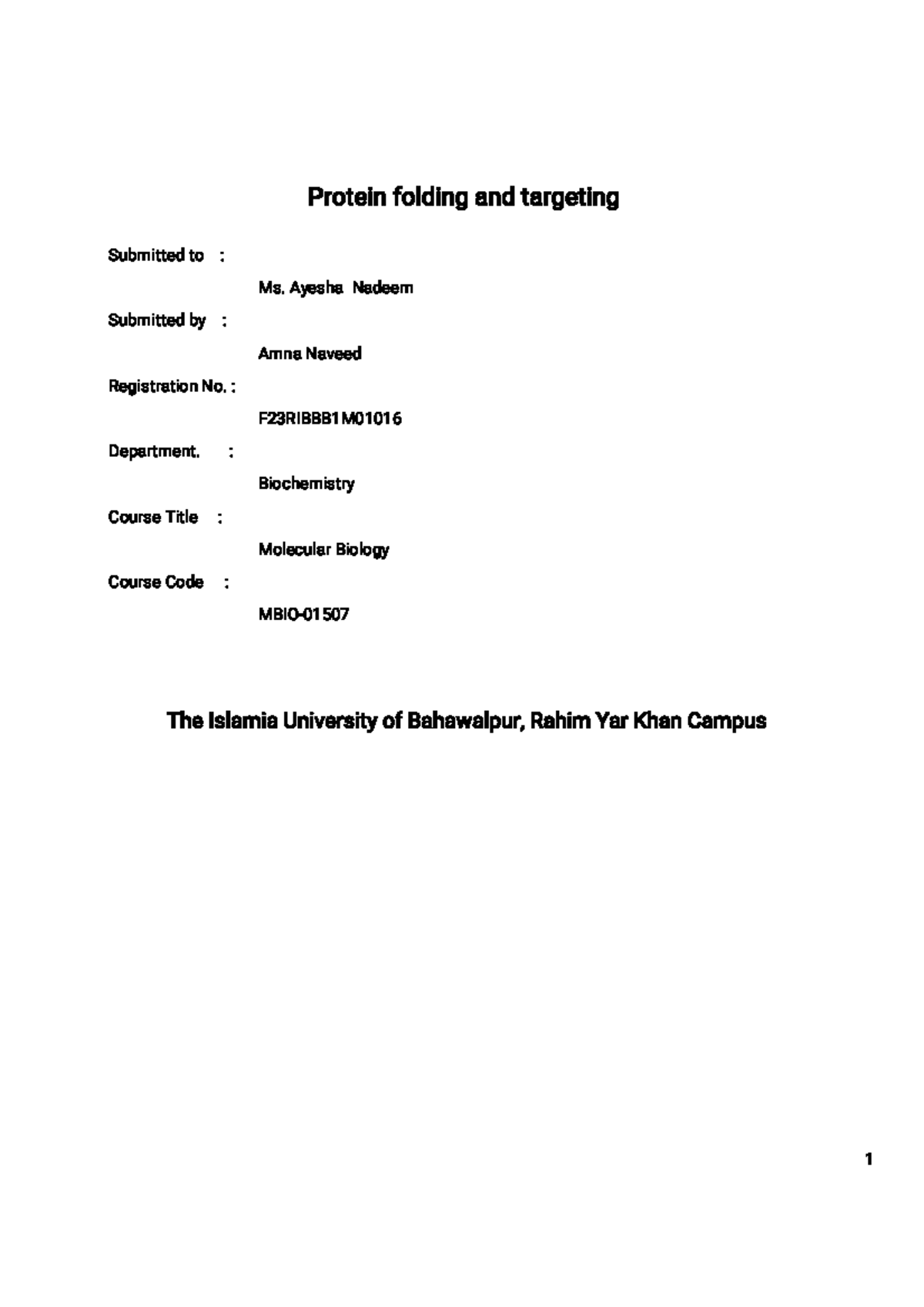 Molecular Biology (BIO-101) Lecture Notes: Protein Folding & Targeting ...