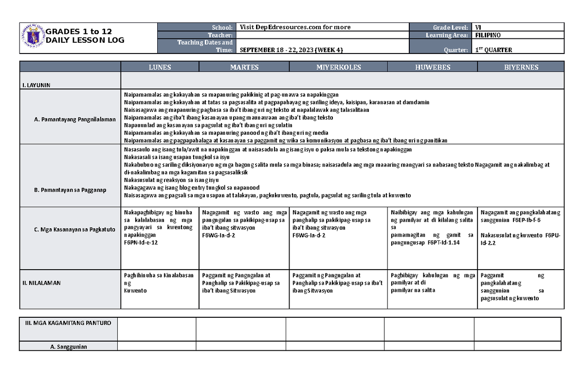 DLL Filipino 6 Q1 W4 - GRADES 1 to 12 DAILY LESSON LOG School: Visit ...