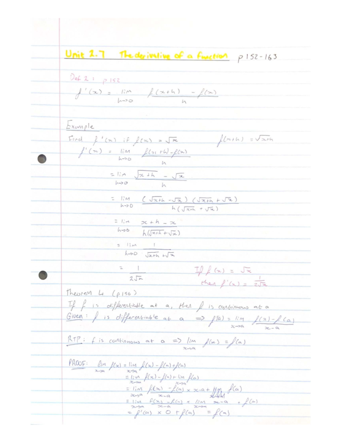 Unit 2.7 Lecture Notes on Function Derivatives and Continuity - Studocu