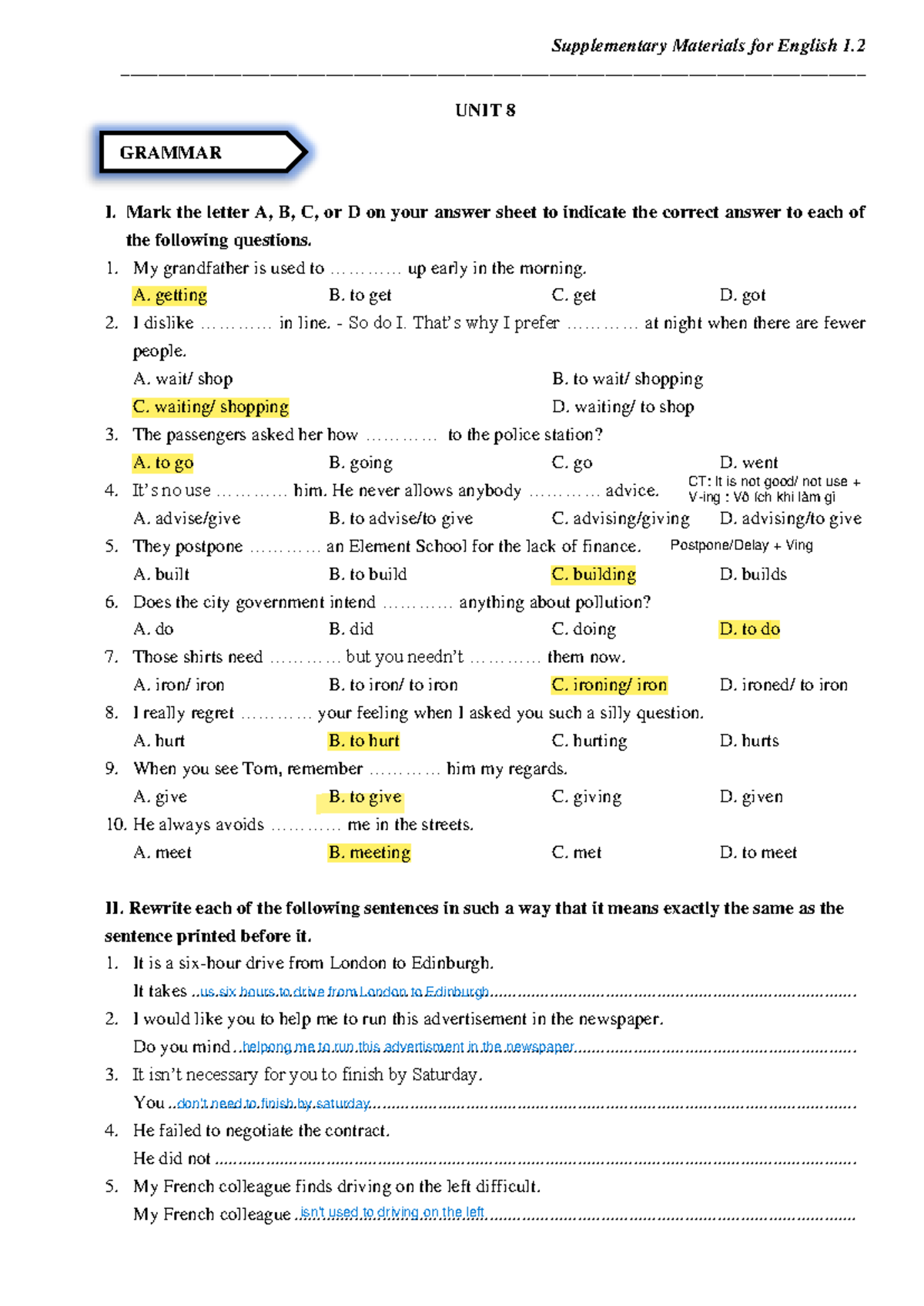 UNIT 8 Midterm Test Practice - Grammar & Vocabulary Exercises - Studocu