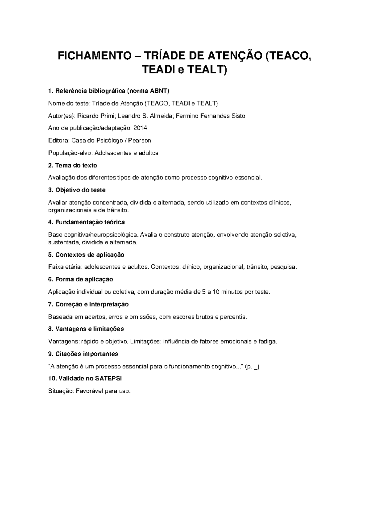 Fichamento: Tríade de Atenção (TEACO, TEADI, TEALT) - Avaliação ...