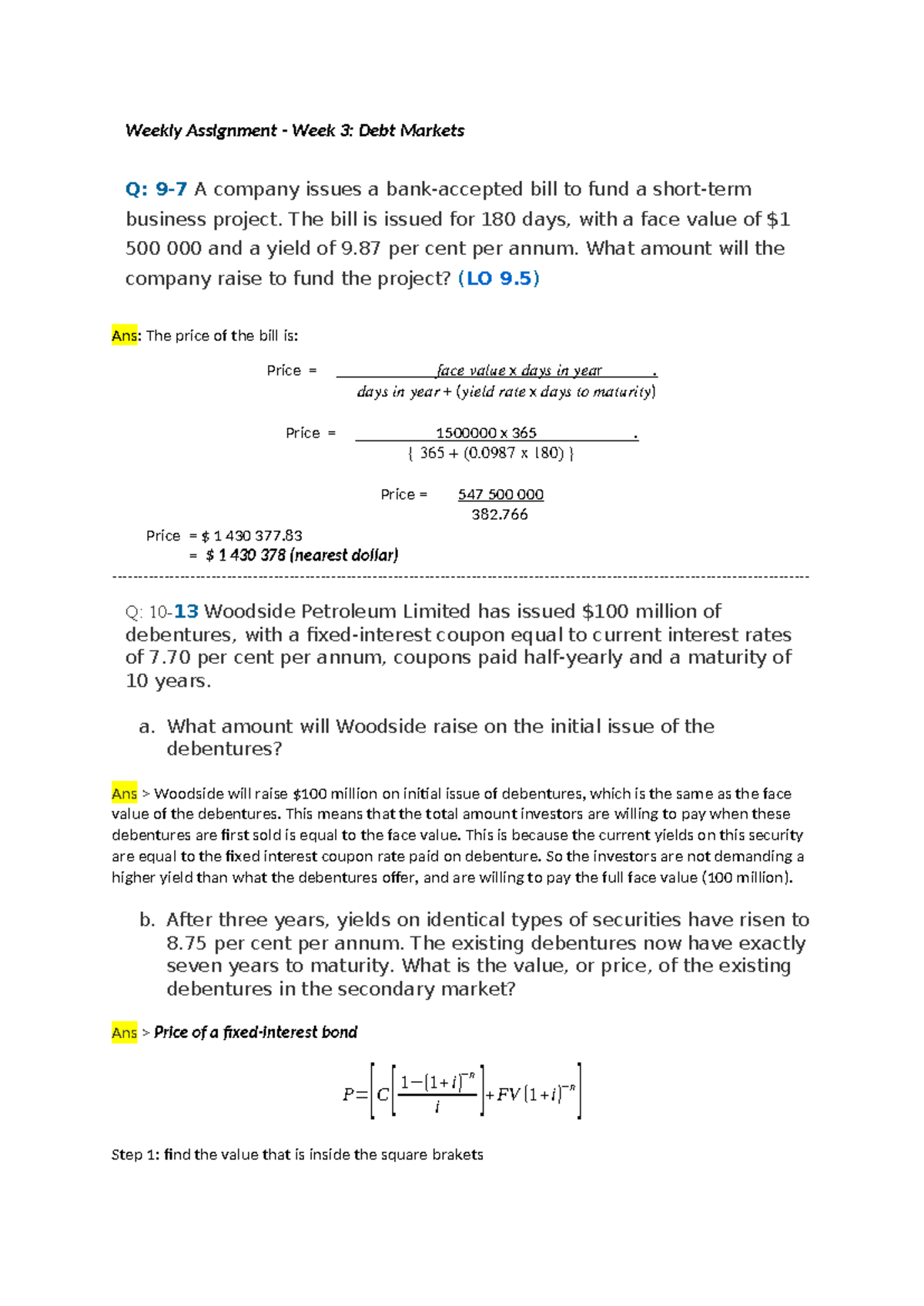 Week 3 Assignment - Debt Markets Workshop Q&A (FIN 101) - Studocu