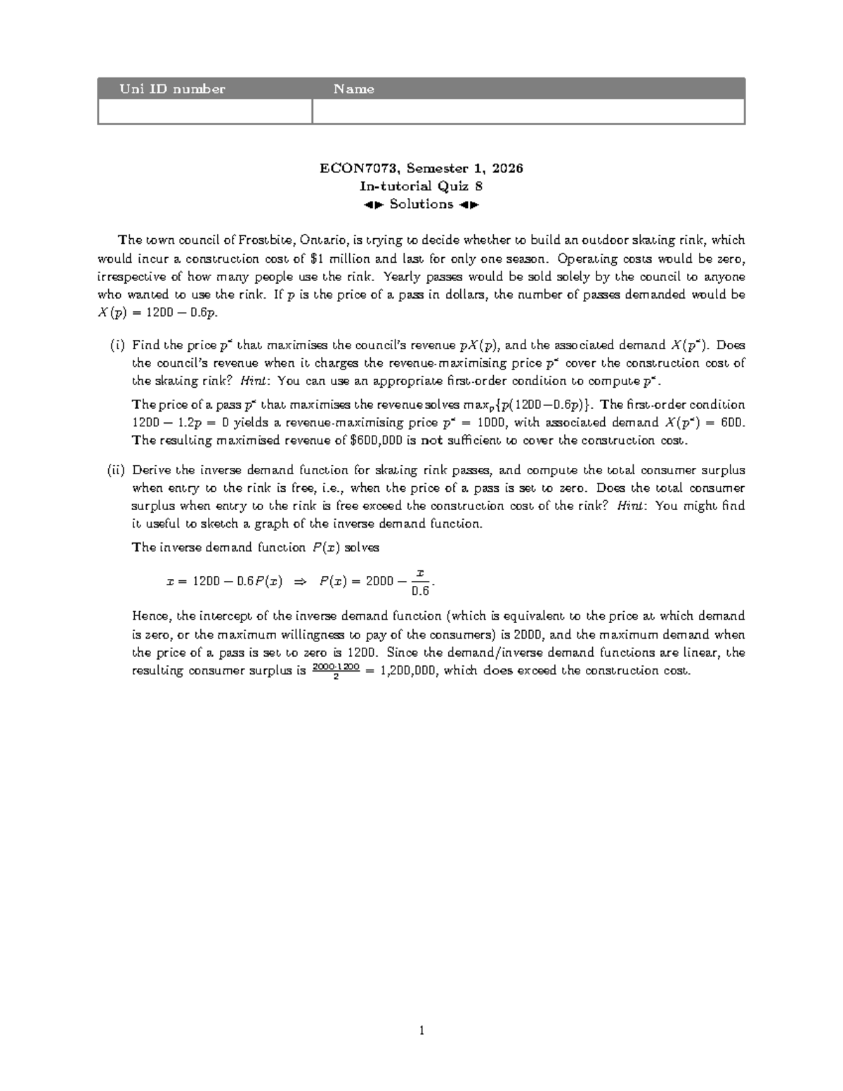ECON7073 Semester 1, 2026 Quiz 8 Solutions and Analysis - Studocu