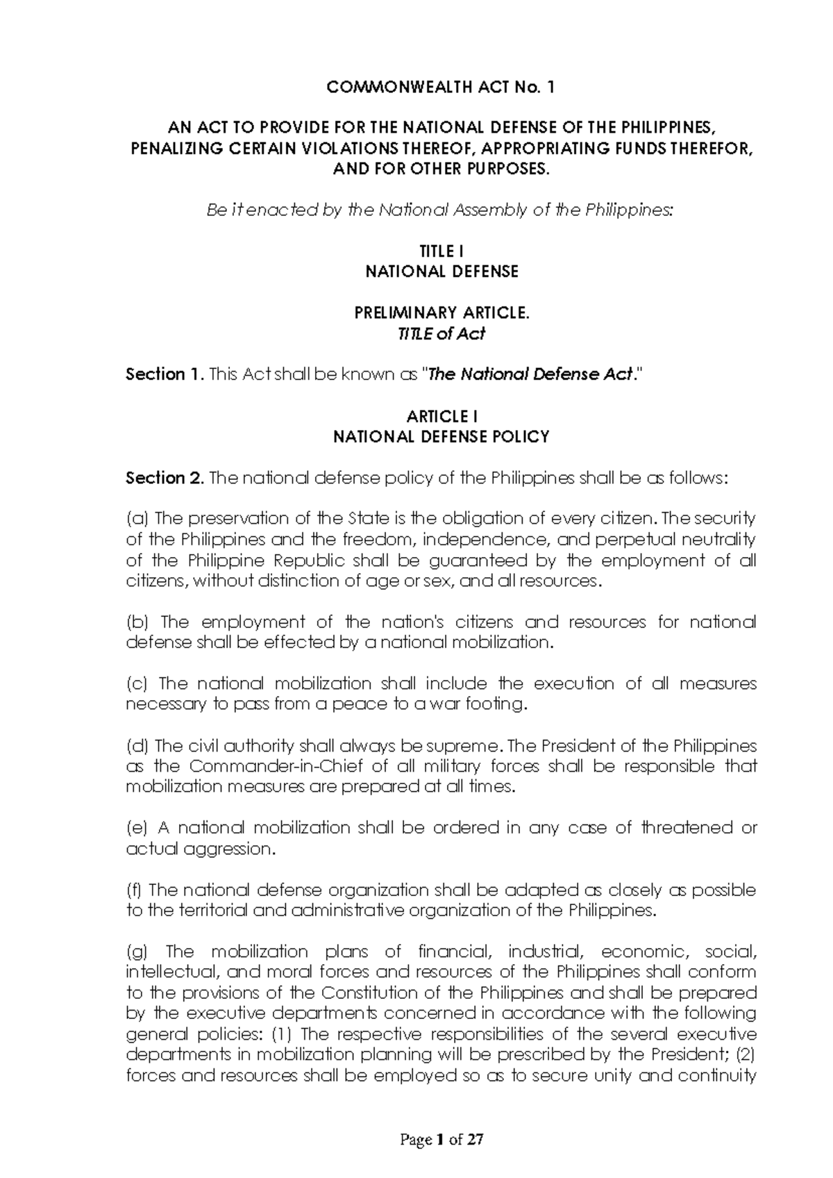 Final Exam Review: Commonwealth Act No. 1 - National Defense Act (1935 ...