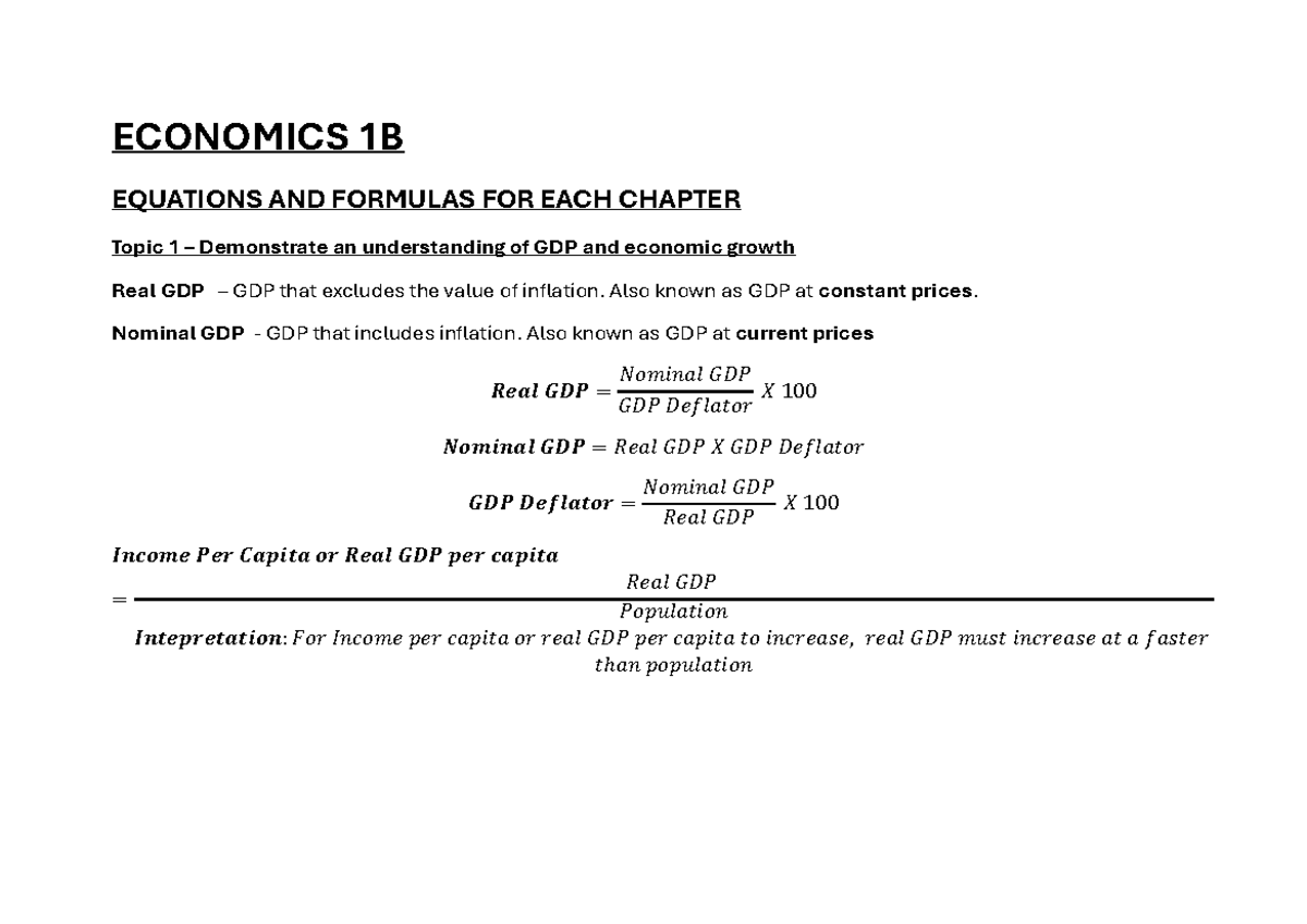 Economics 1B: Key Equations and Formulas for Each Chapter - Studocu