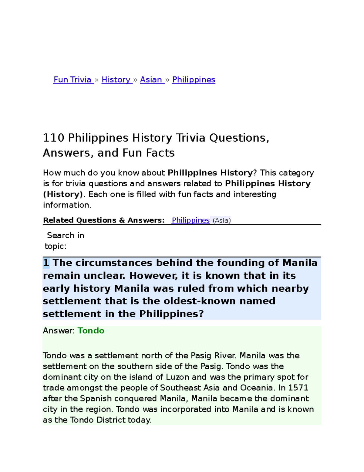 Philippine History Trivia Questions - Bachelor in Nursing Summary - Studocu
