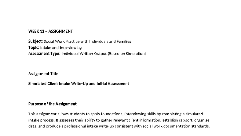 SWPIF Week 13 Assignment: Simulated Client Intake & Assessment - Studocu