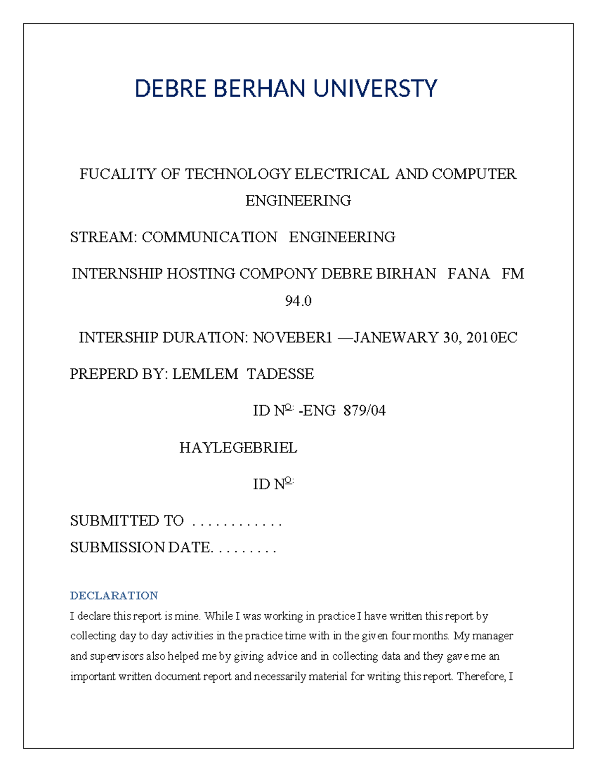 Internship Report on Communication Engineering at Fana FM 94 - ENG 879 ...