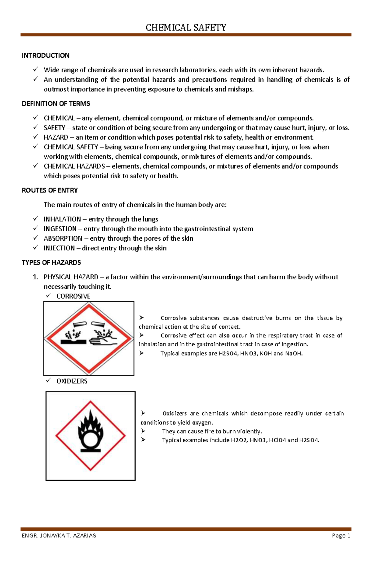 Chemical Safety Lecture Notes for CEE: Understanding Hazards and ...
