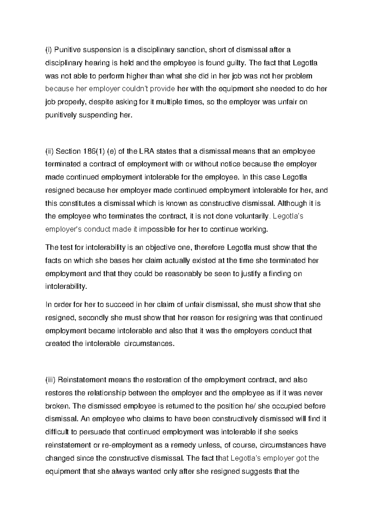 Labour Law Case Study: Constructive Dismissal & Unfair Suspension - Studocu