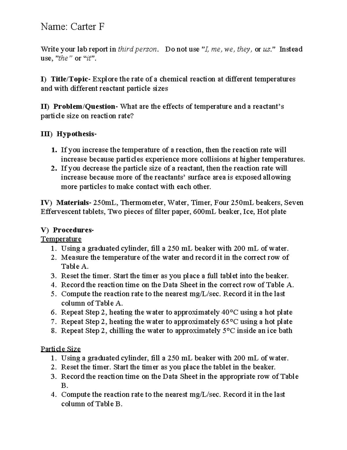 Reaction Rate Lab Report: Effects of Temp & Particle Size - Studocu