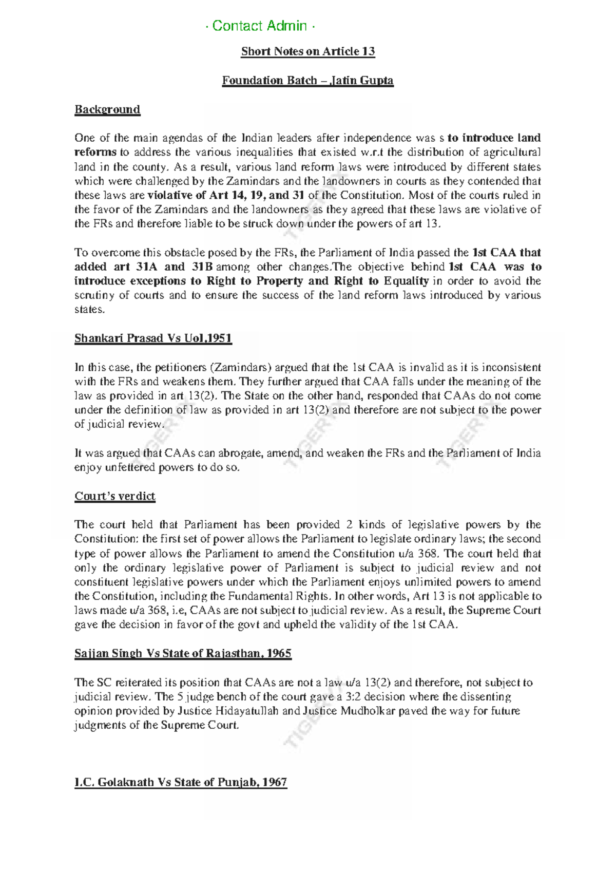 Polity Handouts: Article 13 and Fundamental Rights Overview - Studocu