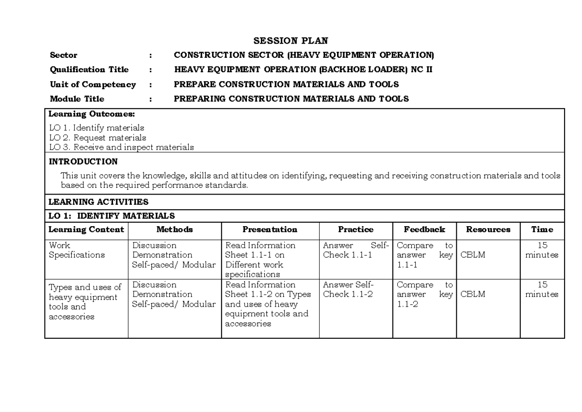 Session Plan: Preparing Construction Materials & Tools (HEO NC II ...