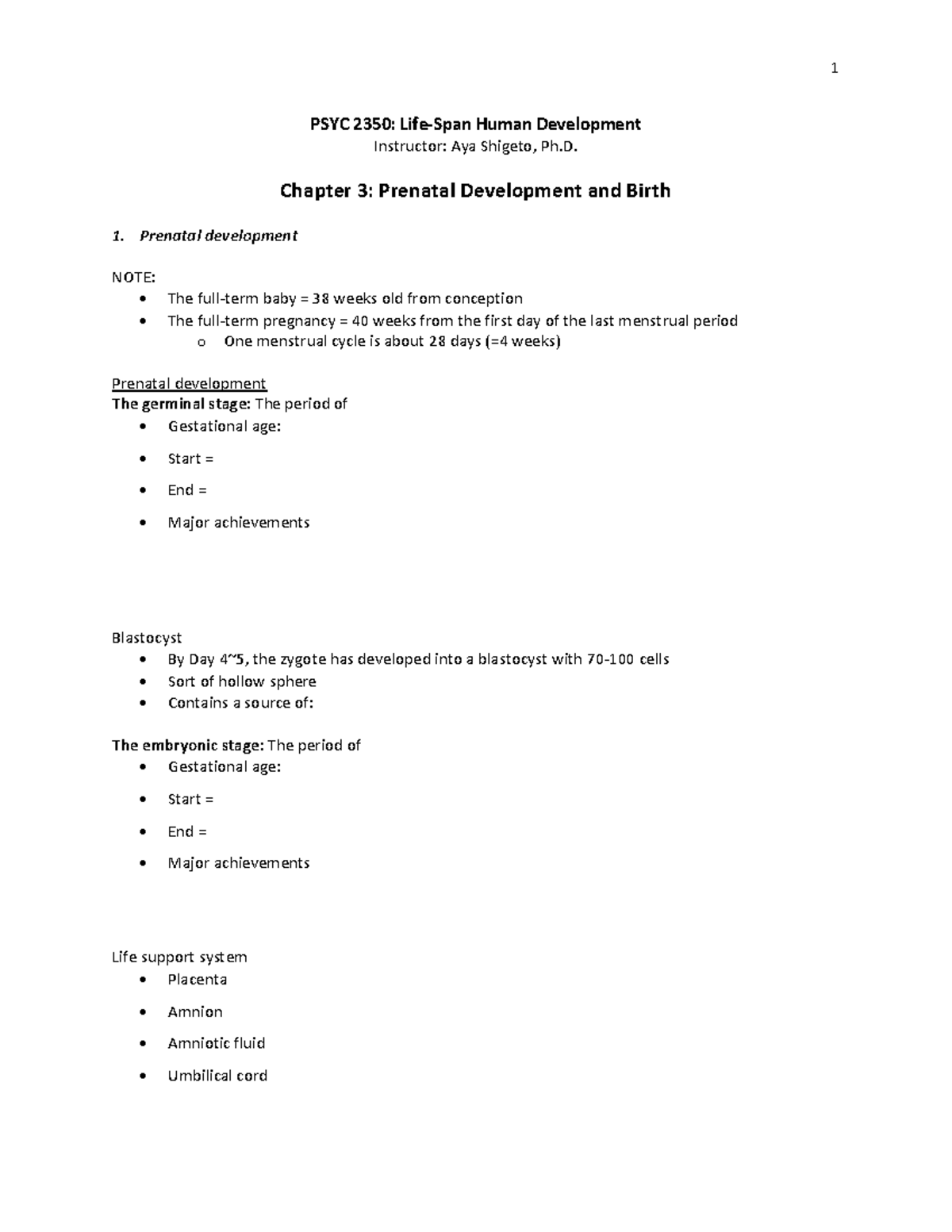 PSYC 2350: Chapter 3 - Outline on Prenatal Development & Birth - Studocu