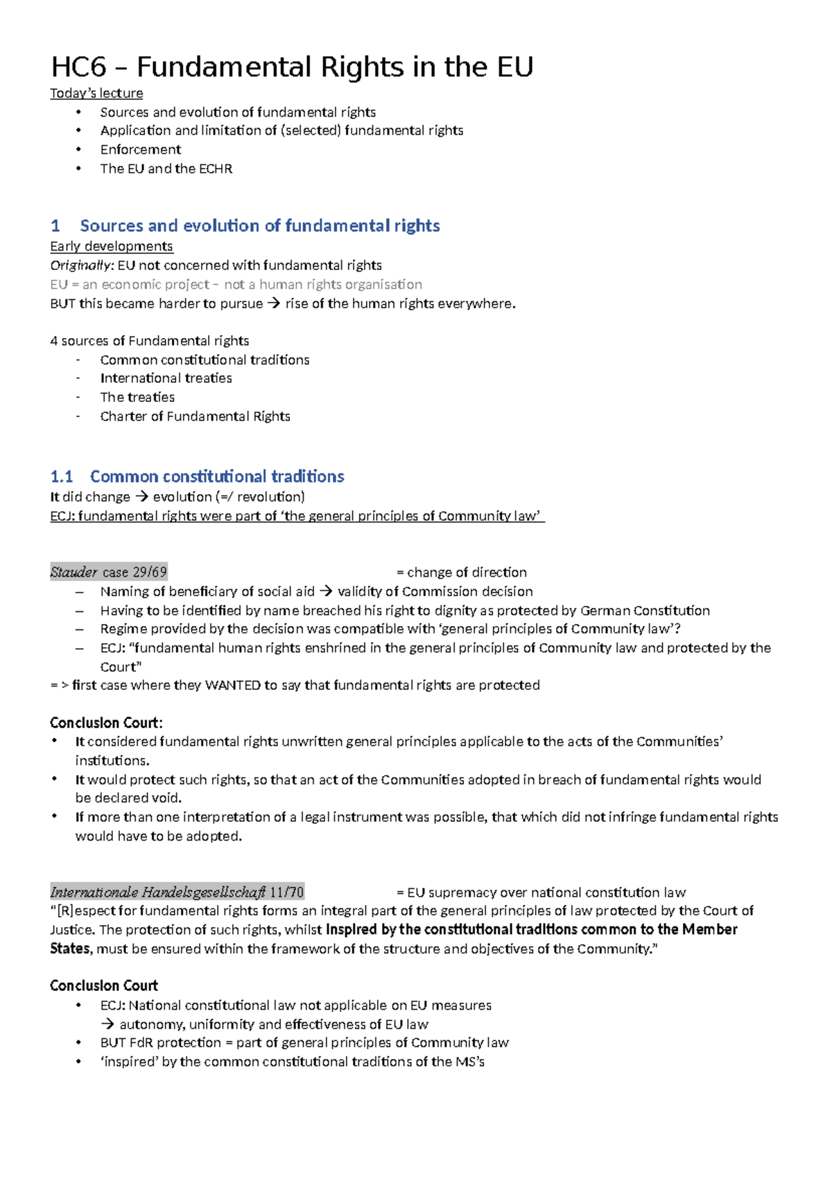 HC6 - Lecture Notes on Fundamental Rights in the EU: Sources, Evolution ...