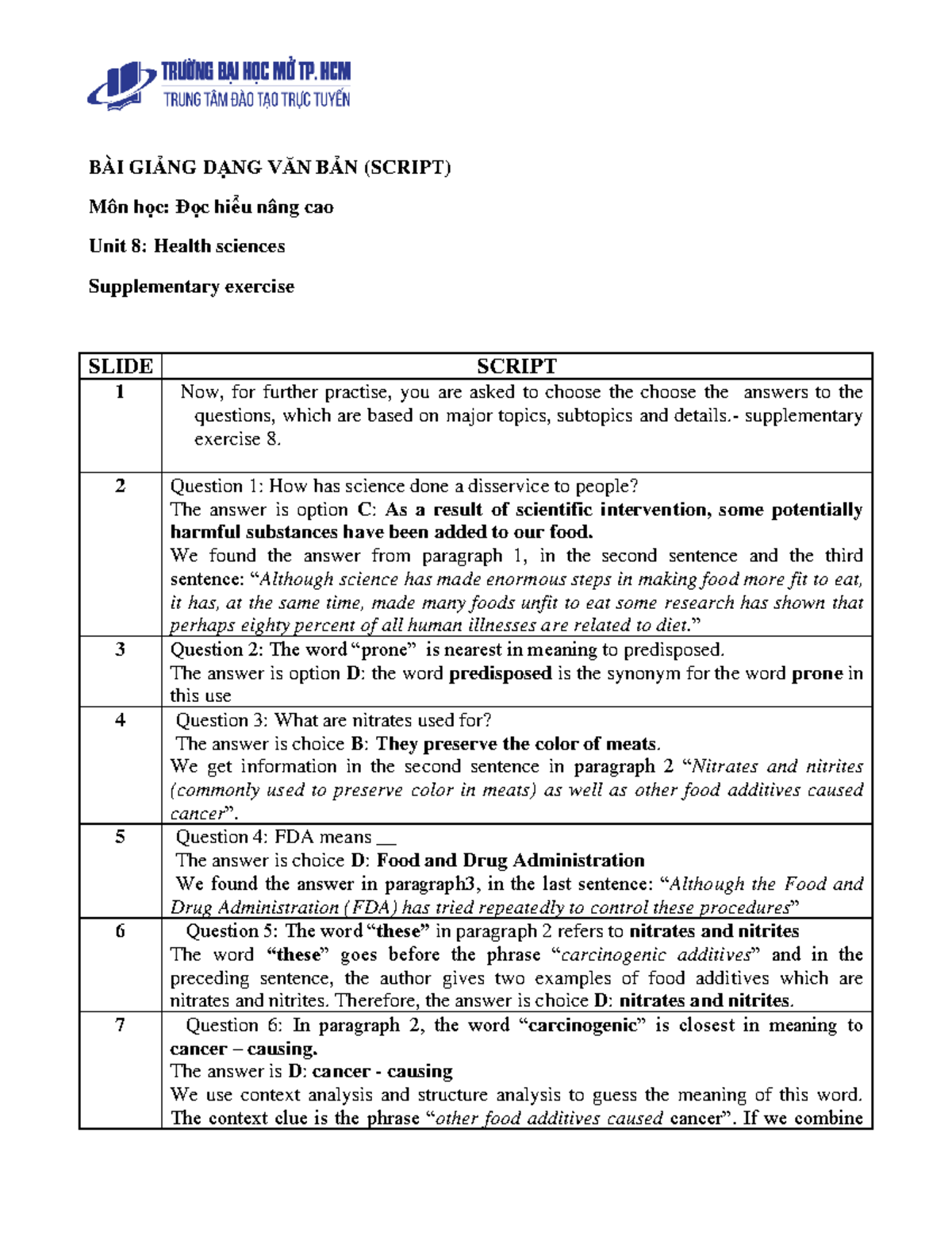 Unit 8 - Health Sciences: Supplementary Exercise Script - Studocu