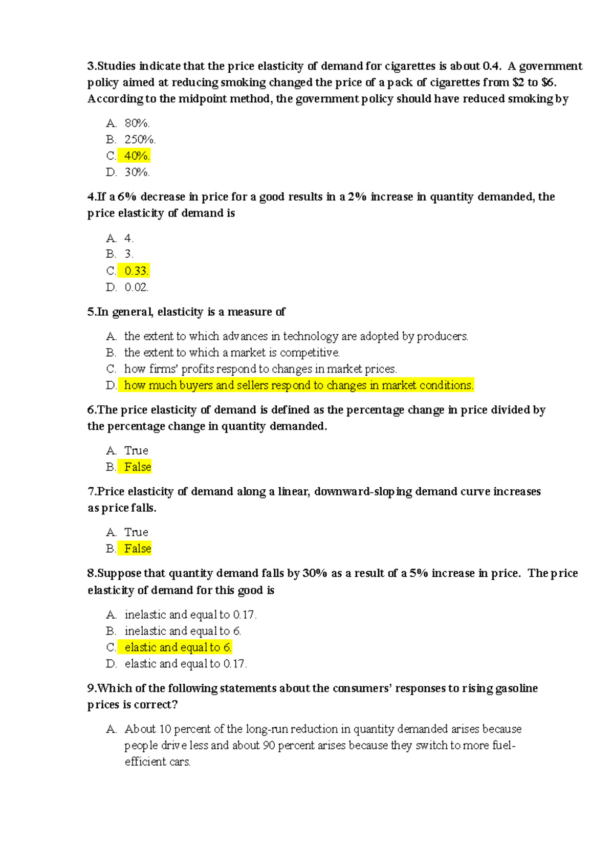 Chapter 5 - Price Elasticity of Demand Study Notes