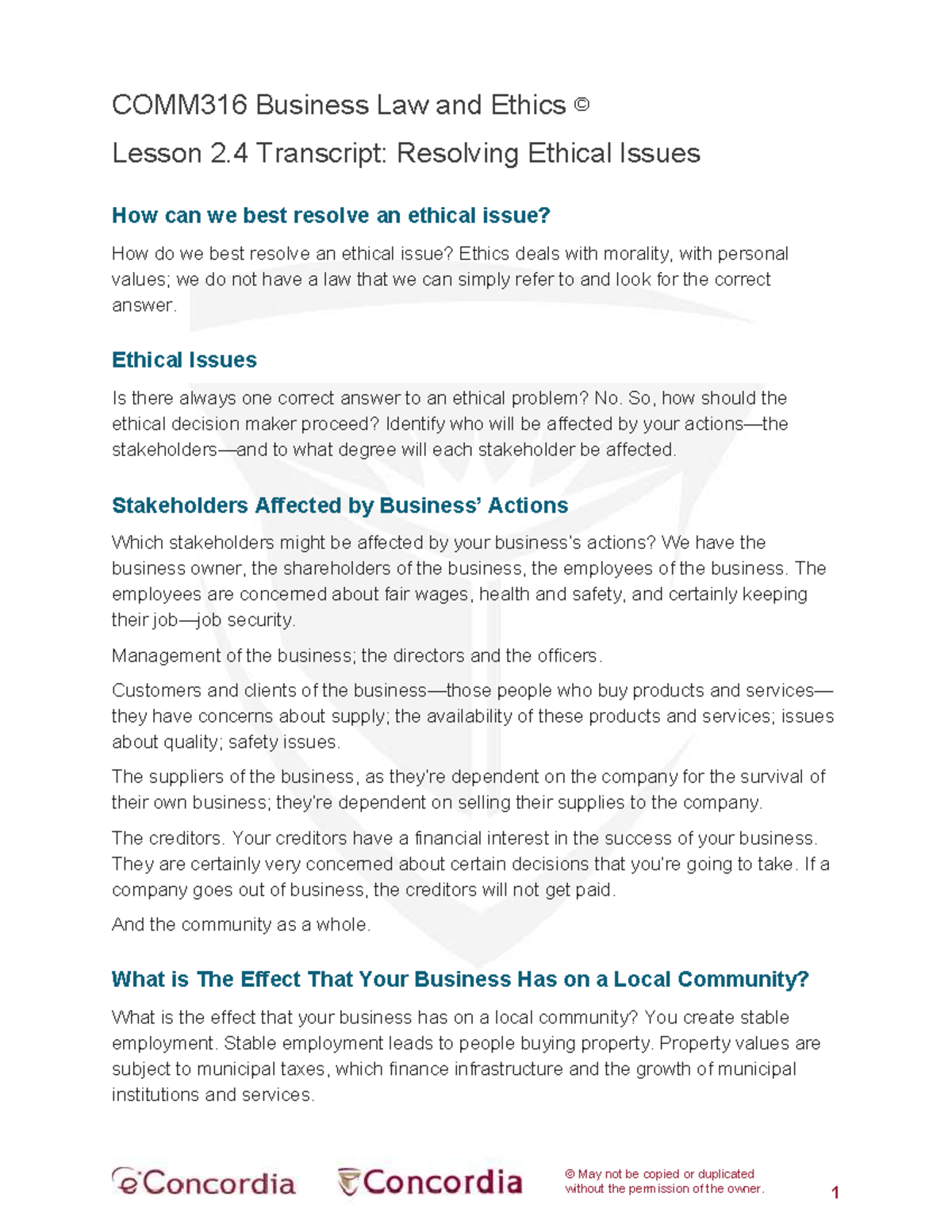 COMM316 Business Law & Ethics L2.4: Resolving Ethical Issues Transcript ...