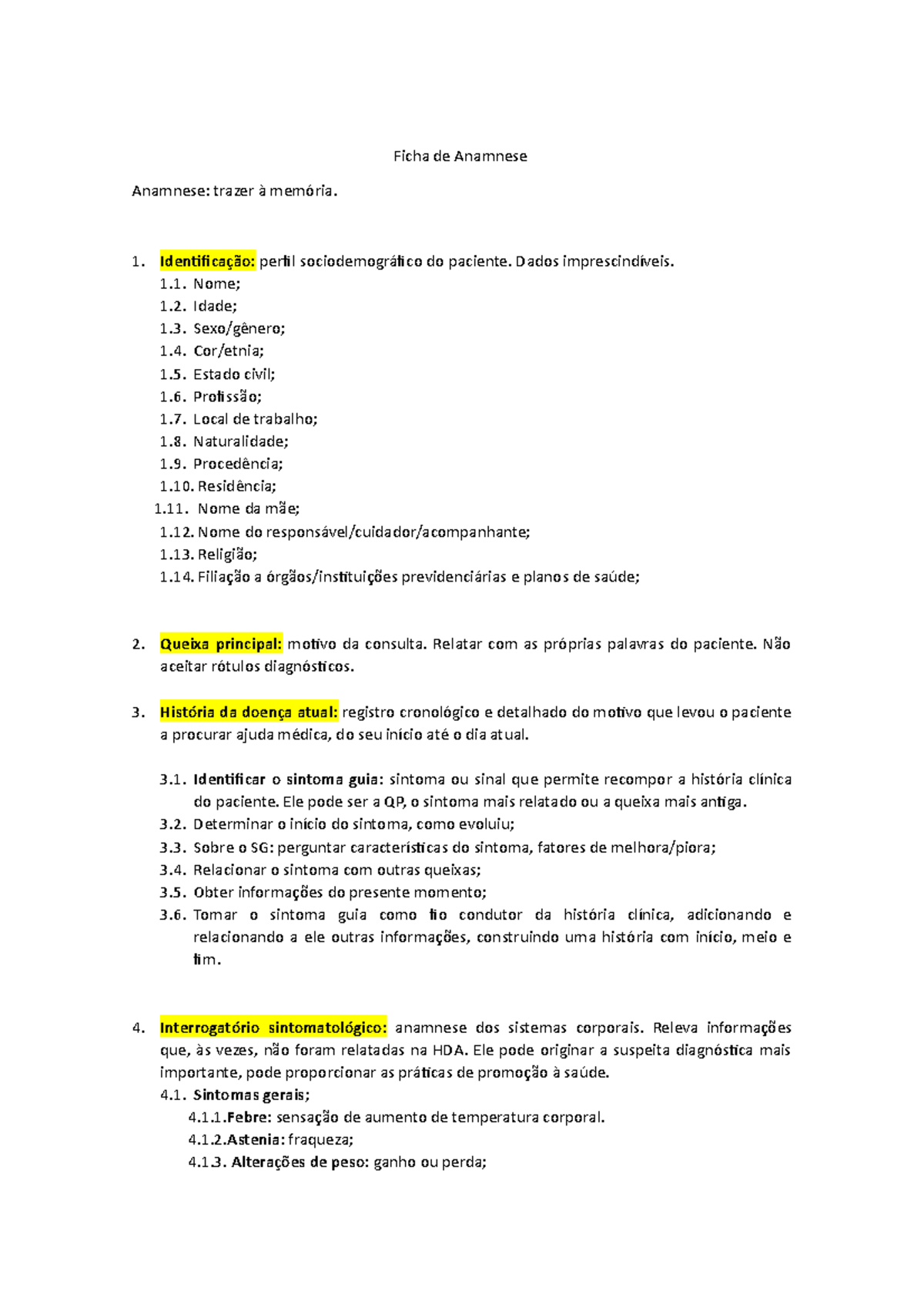 Ficha de Anamnese - Principais Pontos para Avaliação Clínica - Document Preview