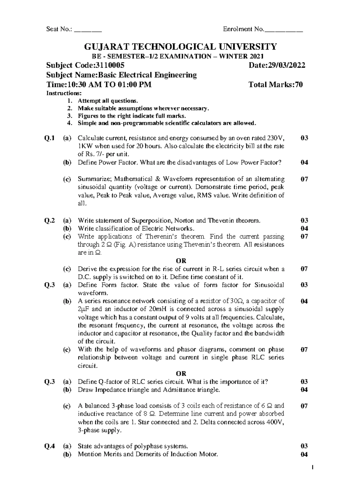 3110005 - Basic Electrical Engg Exam Paper - Summer 2024 - Studocu