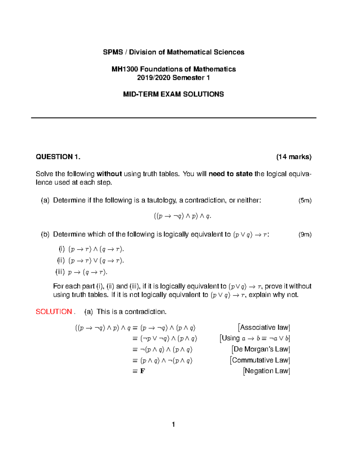 SPMS MH1300 Foundations of Mathematics Semester 1 Exam Solutions - Studocu