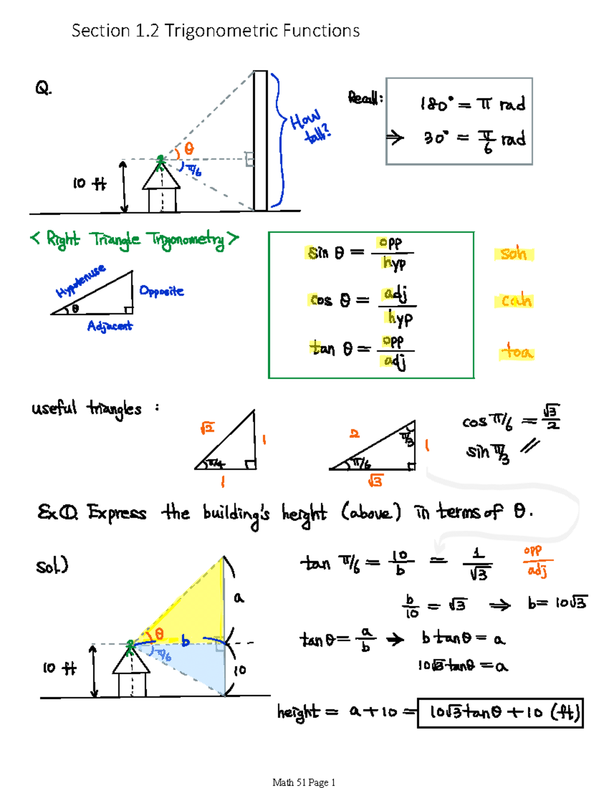 Lecture Notes Sec 1.2 - Trigonometry Functions-Math 51-FA25 - MATH 1A ...