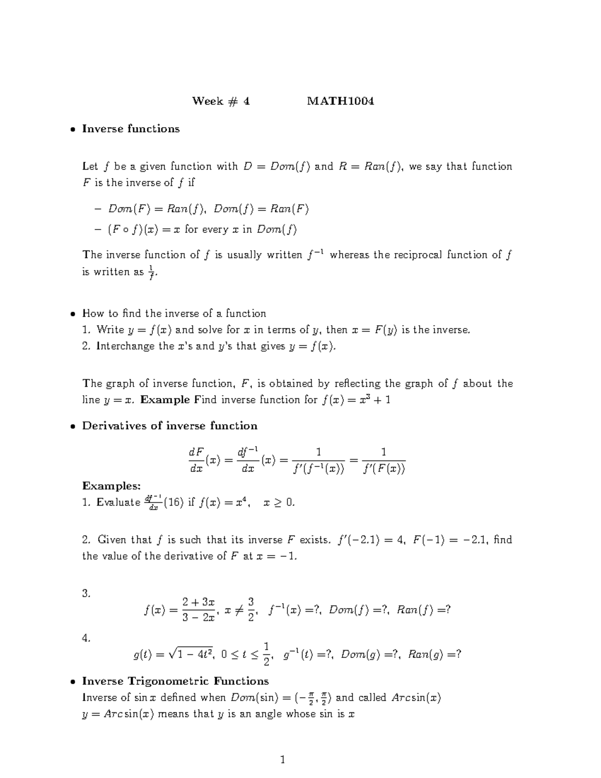 MATH1004 Week 4: Inverse Functions & Derivatives Overview - Studocu