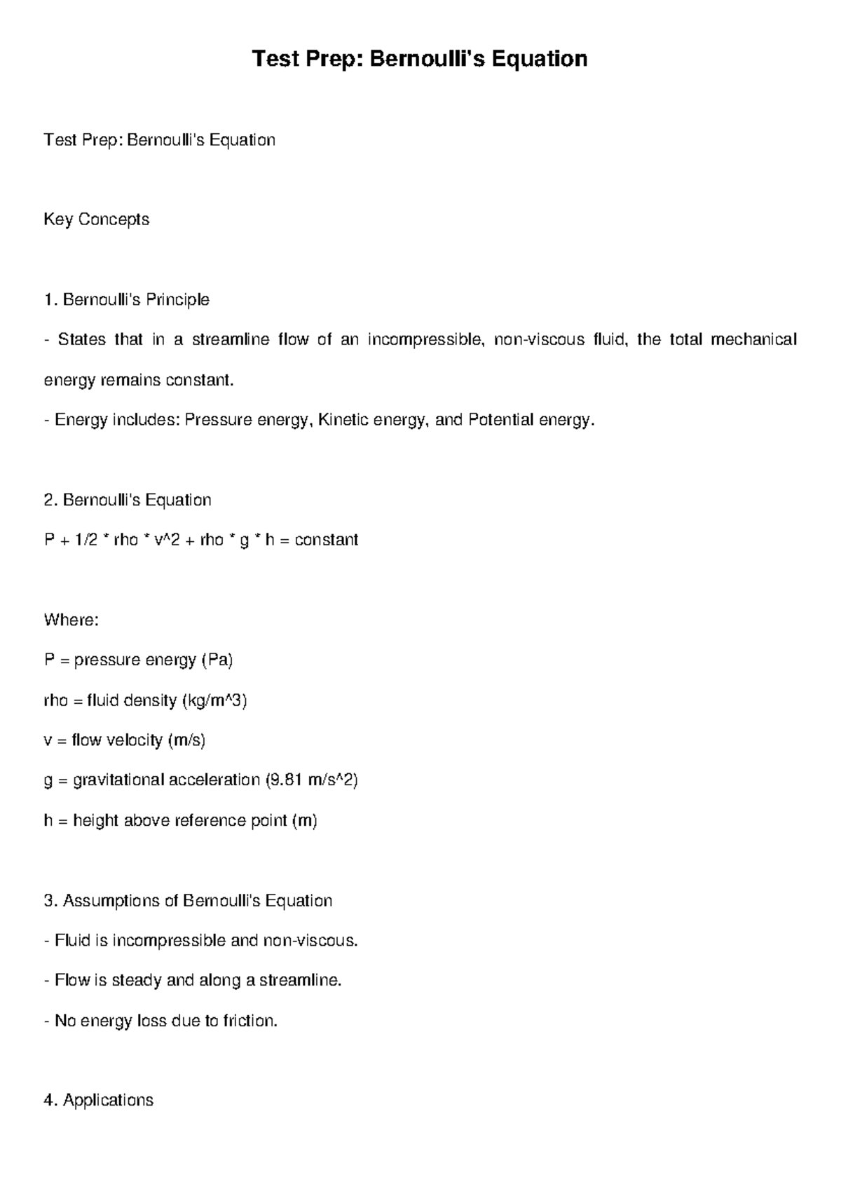 Bernoulli Equation Test Prep: Key Concepts & Practice Questions - Studocu