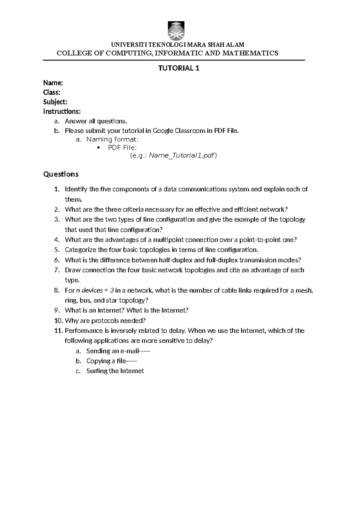 Tutorial 1 Introduction To Data Comm - UNIVERSITI TEKNOLOGI MARA SHAH ...