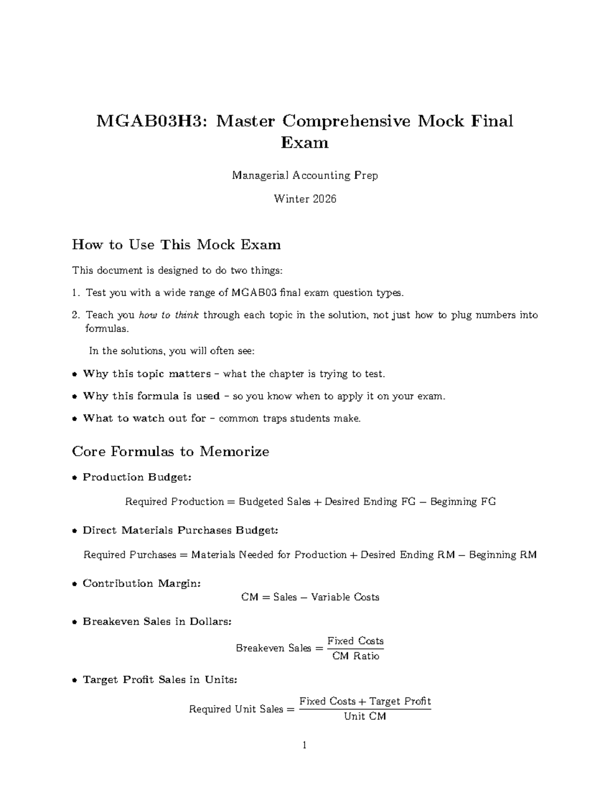 MGAB03H3: Comprehensive Mock Final Exam Prep for Managerial Accounting ...