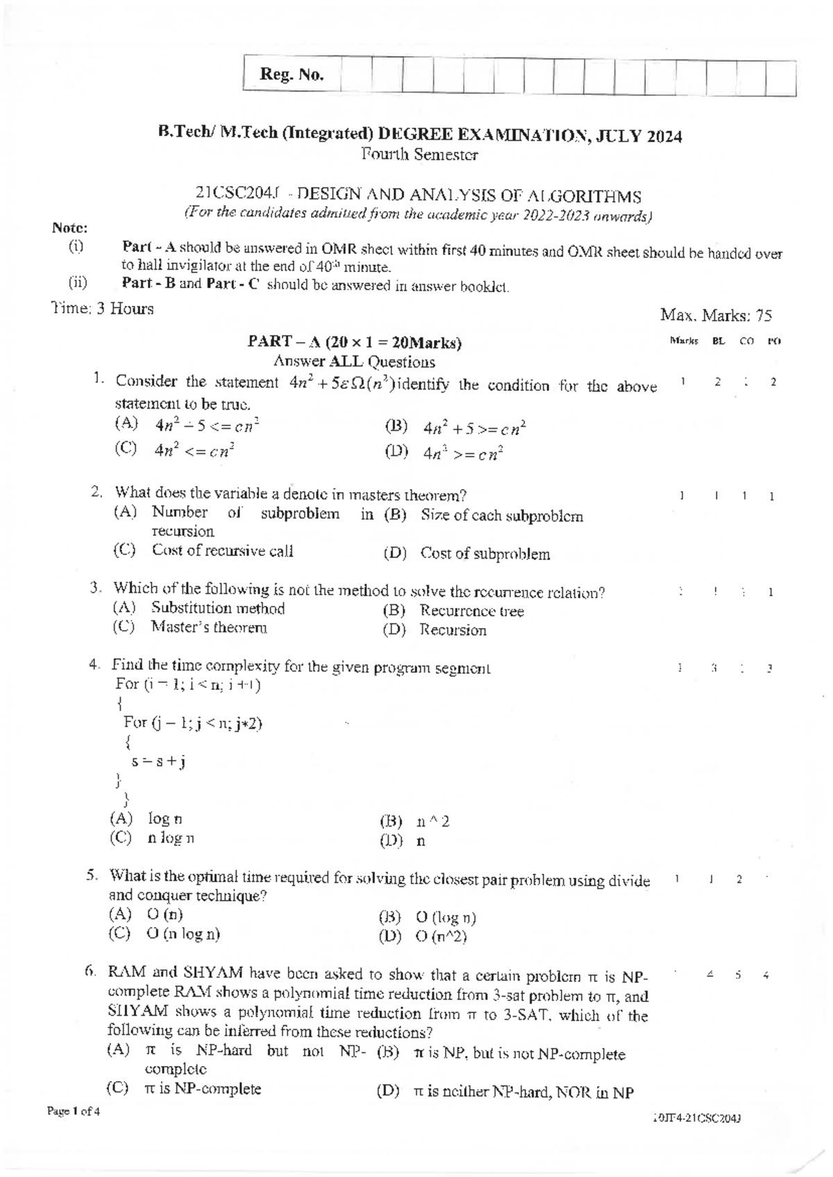 End Semester Exam Paper for 21CSC204J: Design & Analysis of Algorithms ...