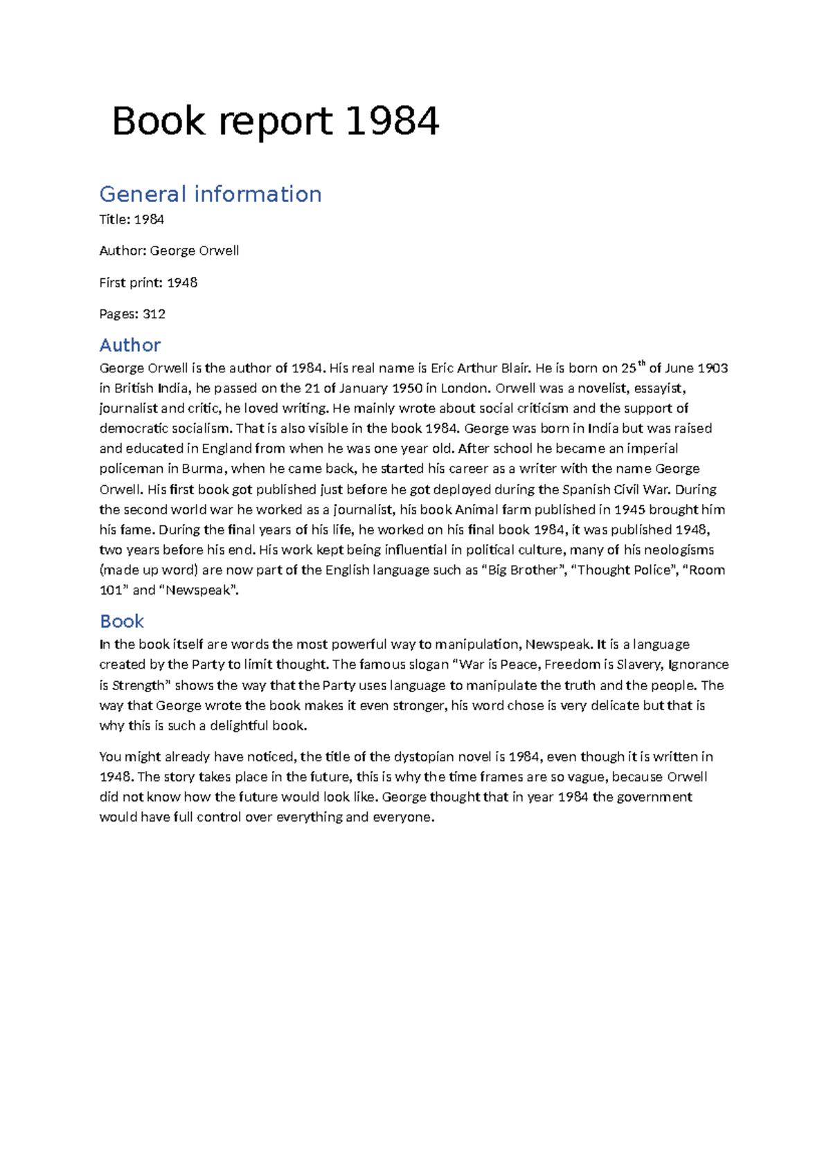 Book Report: 1984 by George Orwell - Dystopian Analysis and Summary ...