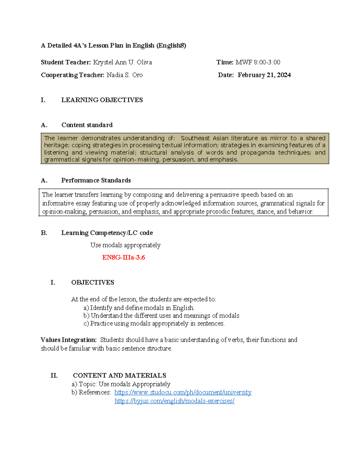 4A's English8 Lesson Plan on Using Modals Effectively - Draft - Studocu