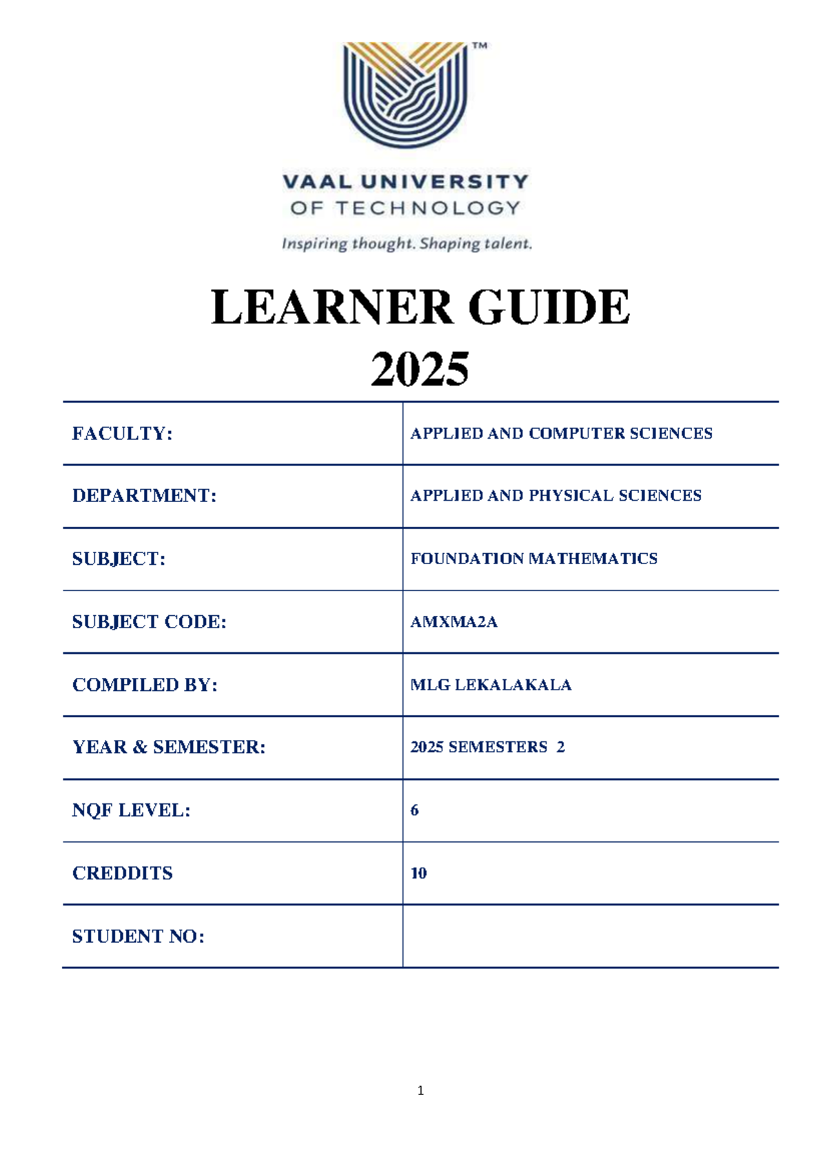 Foundation Mathematics Learner Guide AMXMA2A - Semester 2 2025 - Studocu