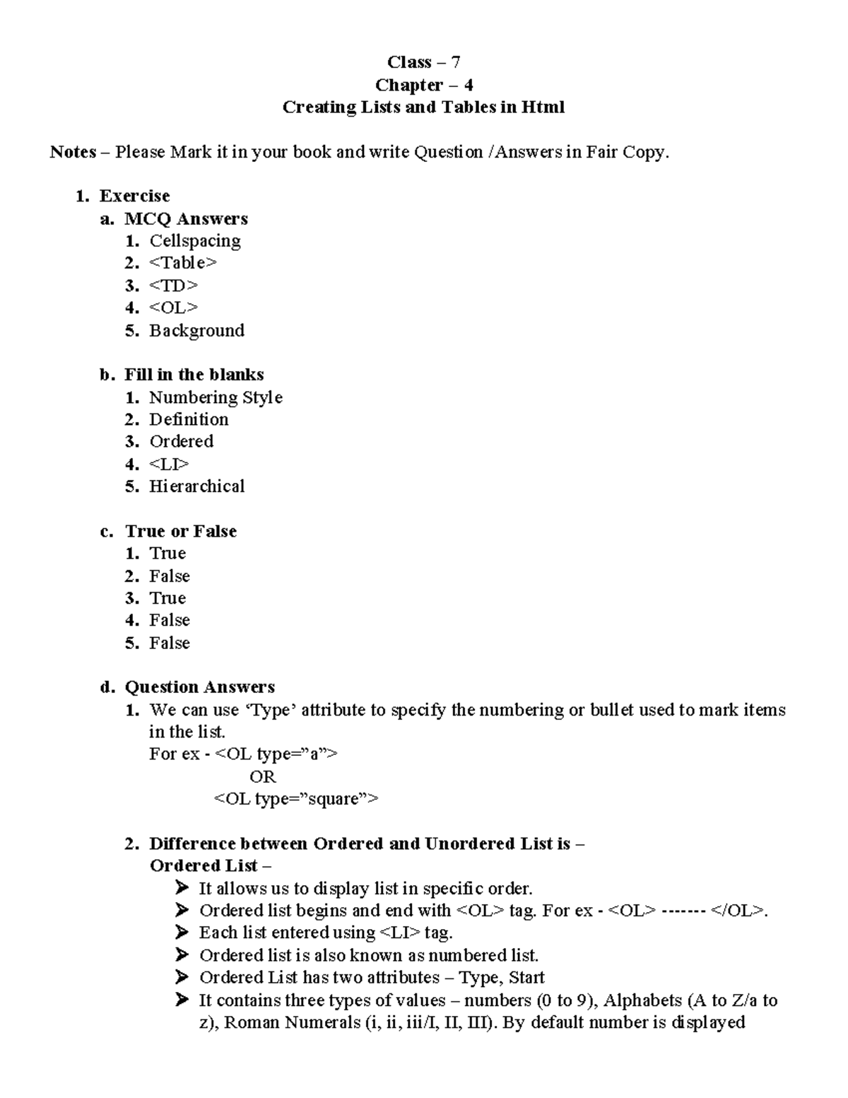 Class VII Ch 4: Creating Lists & Tables in HTML Notes - Studocu