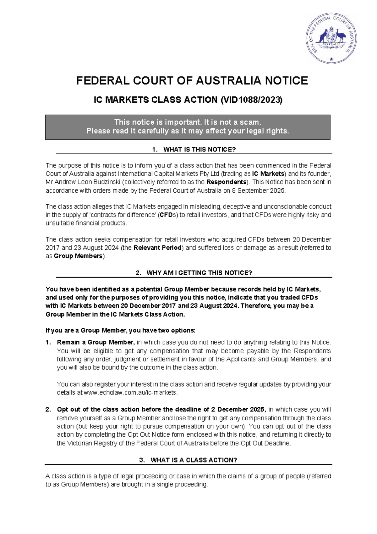 IC Markets Class Action Notice - Federal Court of Australia - Studocu