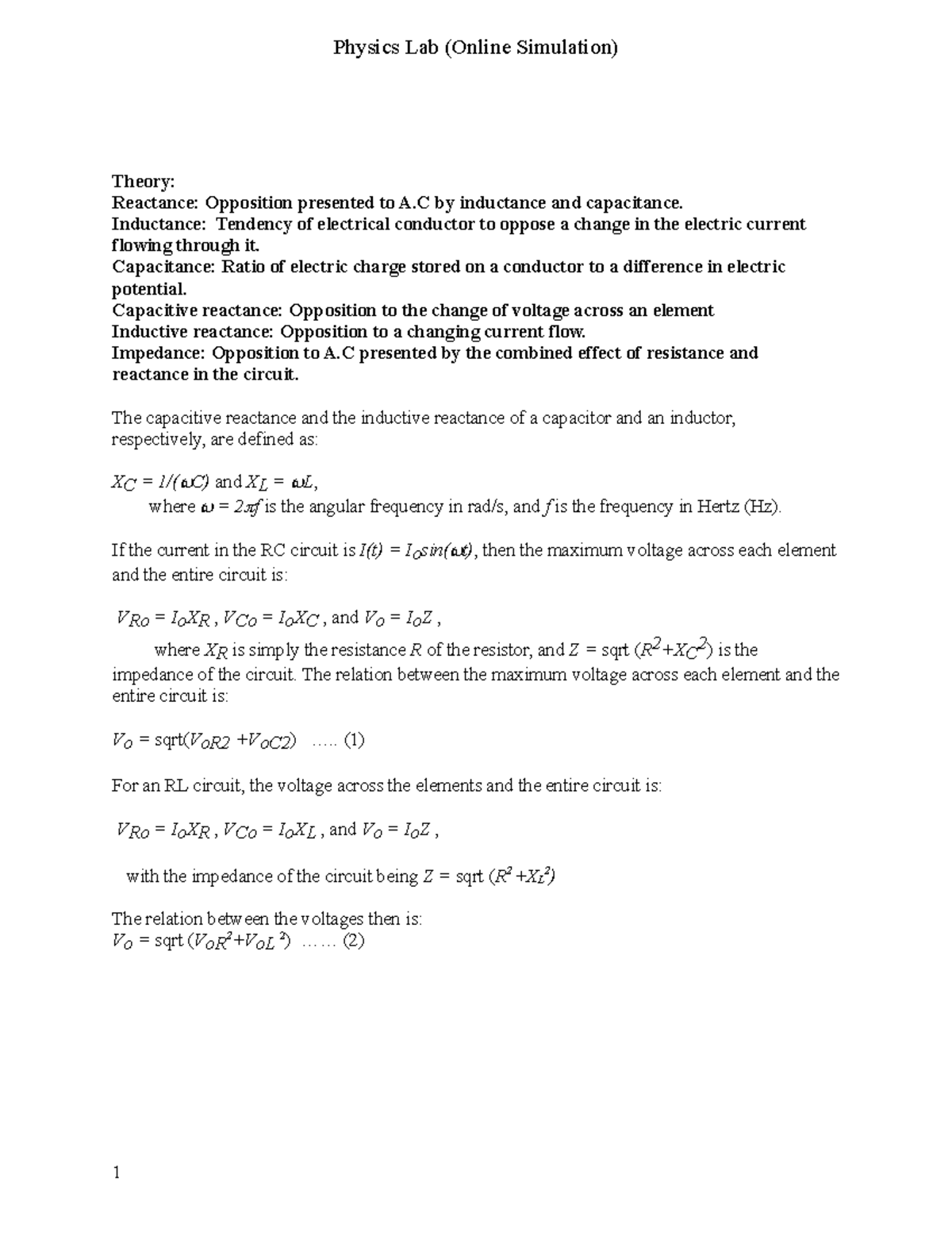 PHYSICS Lab 4 AC - Theory: Reactance: Opposition presented to A by ...