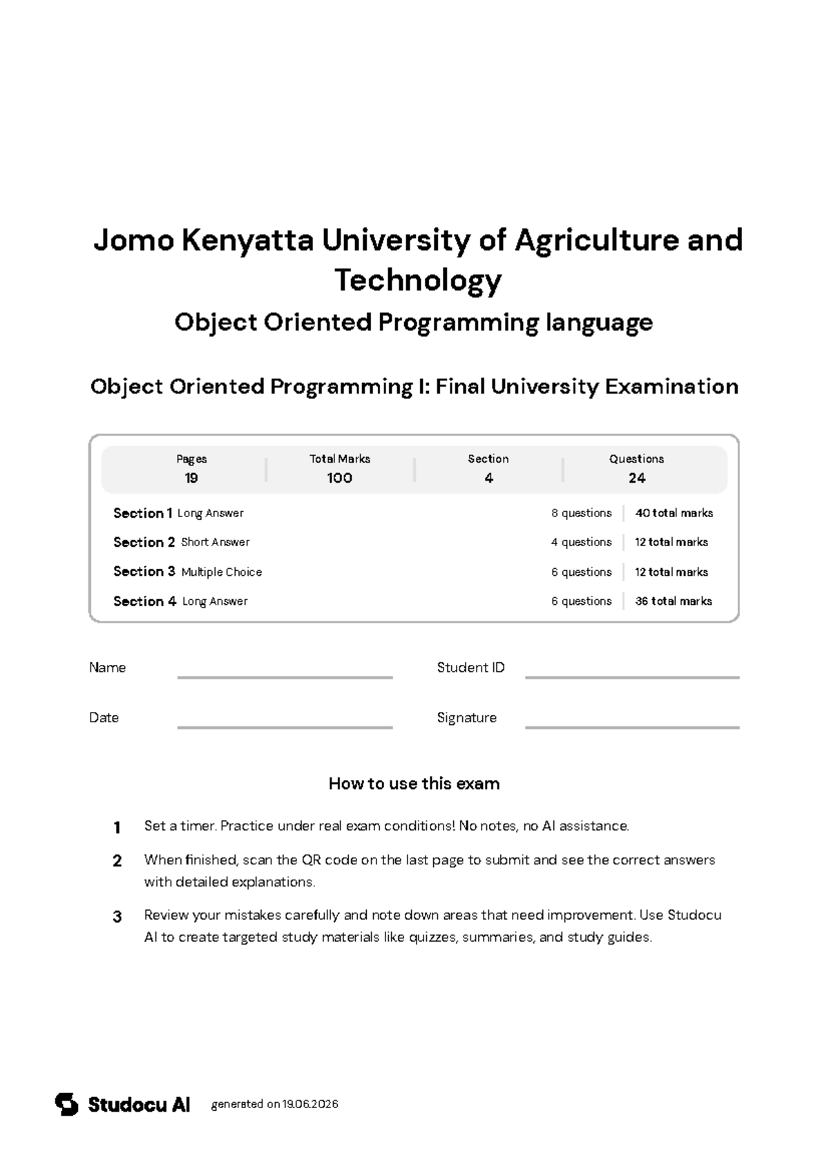 Object Oriented Programming I: Final Exam - Studocu