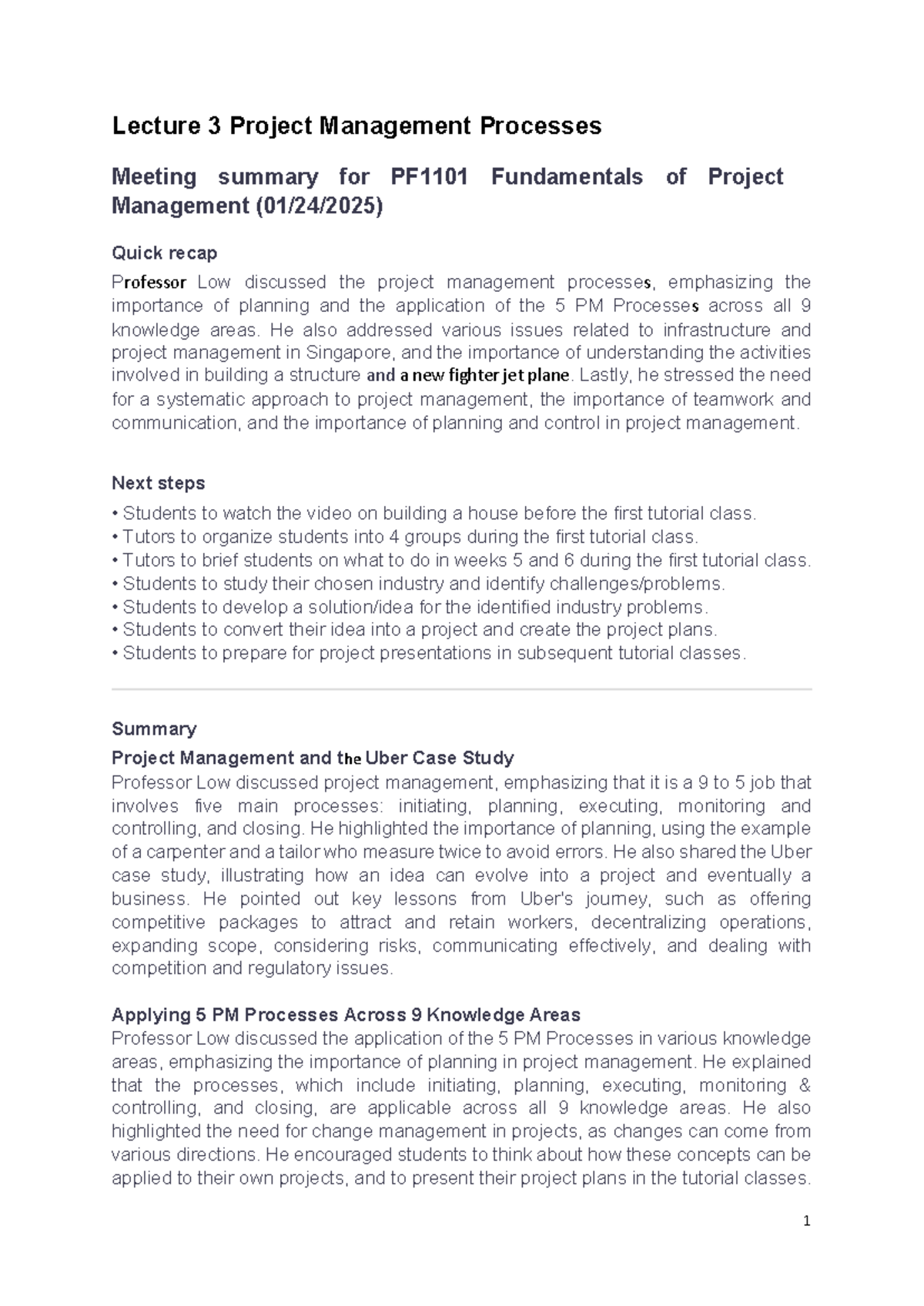 PF1101 Meeting Summary (Lect 3 Project Management Processes) 1